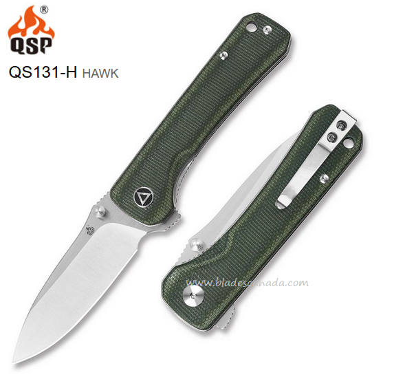 QSP Hawk Flipper Folding Knife, 14C28N Sandvik, Micarta Green, QS131-H